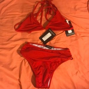 Red triangle bikini top & high waisted bottoms